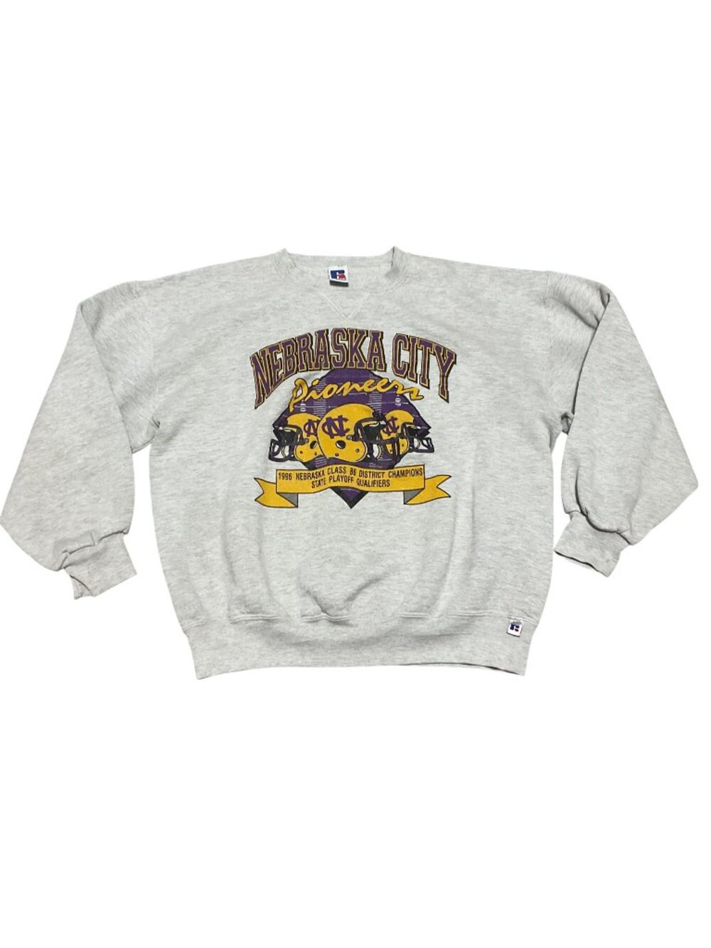 Vintage 1996 Nebraska City Pioneers Sweatshirt Russell Athletic XL Gray USA Made